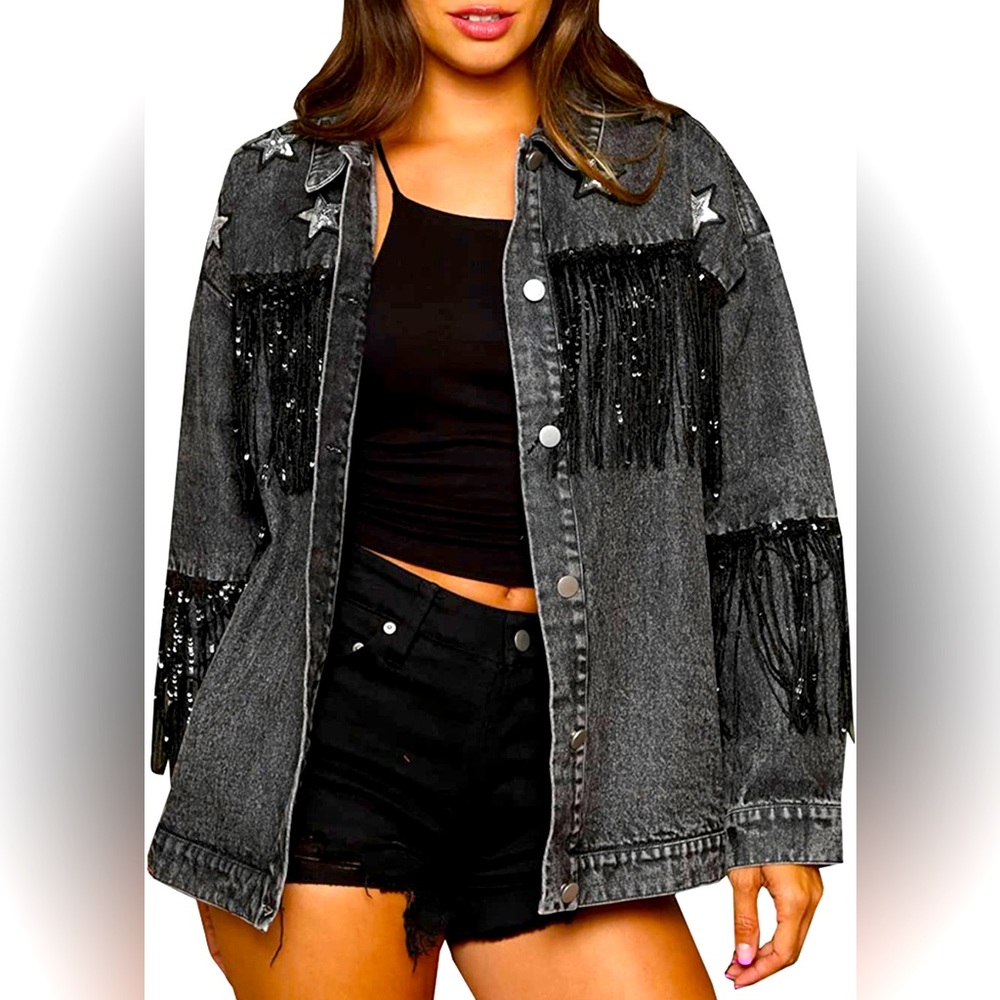 Women's Boyfriend Denim Jacket Long Sleeve Oversized Fringe Jean Jacket Coats